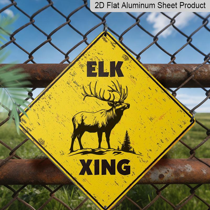 

2D Flat 1pc, Vintage Elk Crossing Sign - Rustic Iron Metal Tin Wall Decor with Caution Yellow Finish & Elk Silhouette Design - Indoor/Outdoor Durable 20*20cm