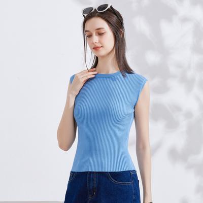Simple and Neat Pit Stripe Sleeveless Slim Fit Knitted Sweater for Women In Summer, Round Neck Design Slim Fit Top