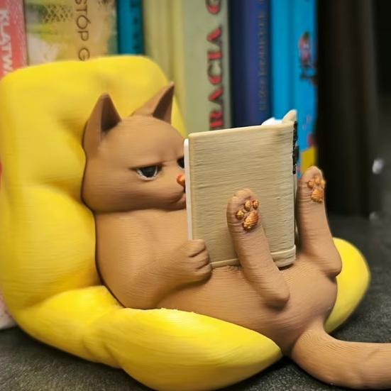 Cat Reading Figurine 3D Printed Cute Lying Cat Reading Book Statue for Office Home Bookshelf Desktop Decor Gifts for Cat Lovers