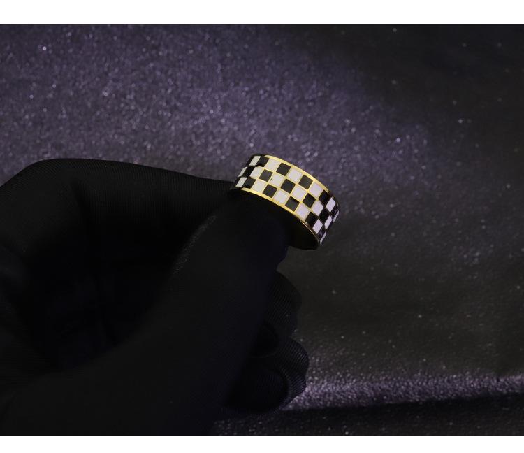 Women's High-End Design Black & White Checkerboard Ring, 14K Gold & Titanium Steel.