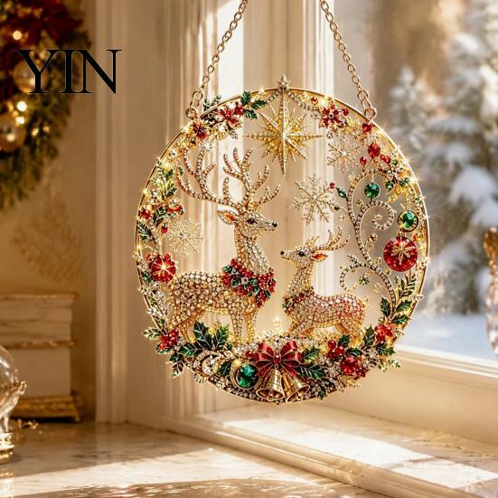 Holiday Art Decoration Christmas Faux Diamond Ornament Kit, Santa Angel Sun Catcher DIY Acrylic Detailed Printed Symbol Design Round Board,
