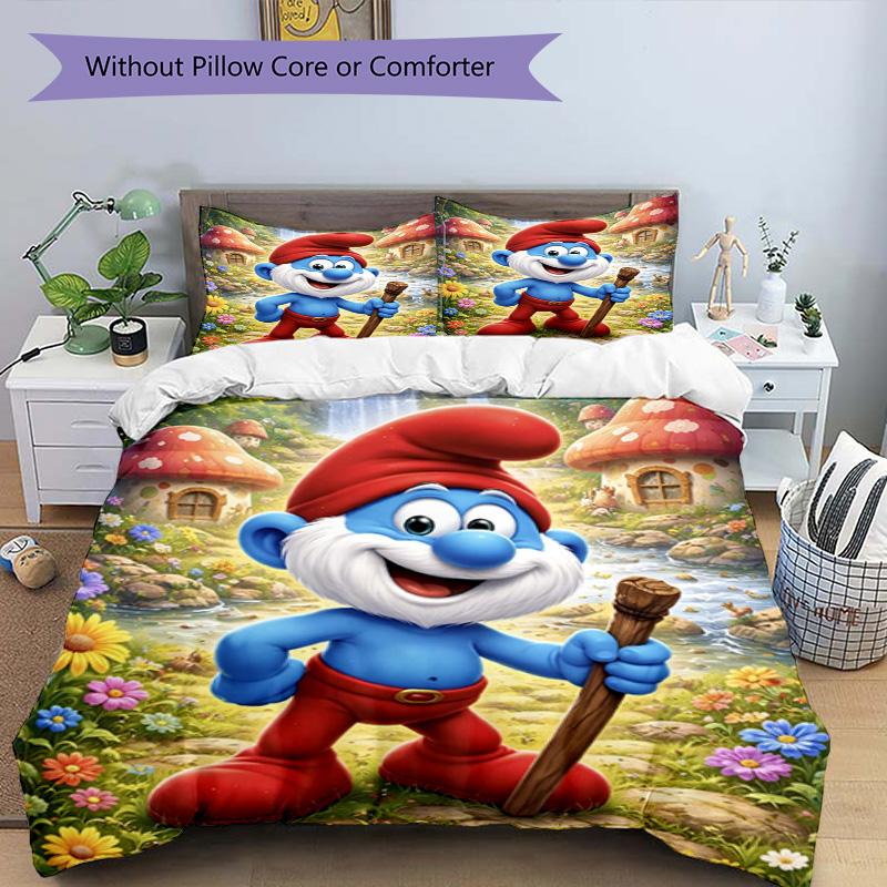 3pcs Duvet Cover Set (1*Duvet Cover + 2*Pillowcase, Without Core), Blue Smurfs Print Bedding Set, Bedroom Decor, All‑Season, Birthday Gift