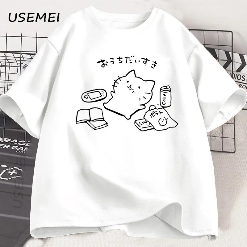

Japanese Style No Plan Cat Print Tshirt for Women Funny Short Sleeve Summer Loose Tshirt Kawaii Kitty Cat Lover Tees S