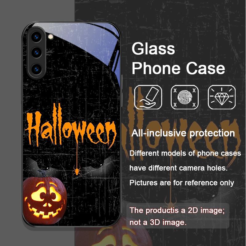 Lustiges Halloween Böser Kürbis Muster Gehärtetes Glas Handyhülle für Samsung Galaxy S25 Ultra S24 S23 Plus S22 S21 S20 FE 5G Abdeckung