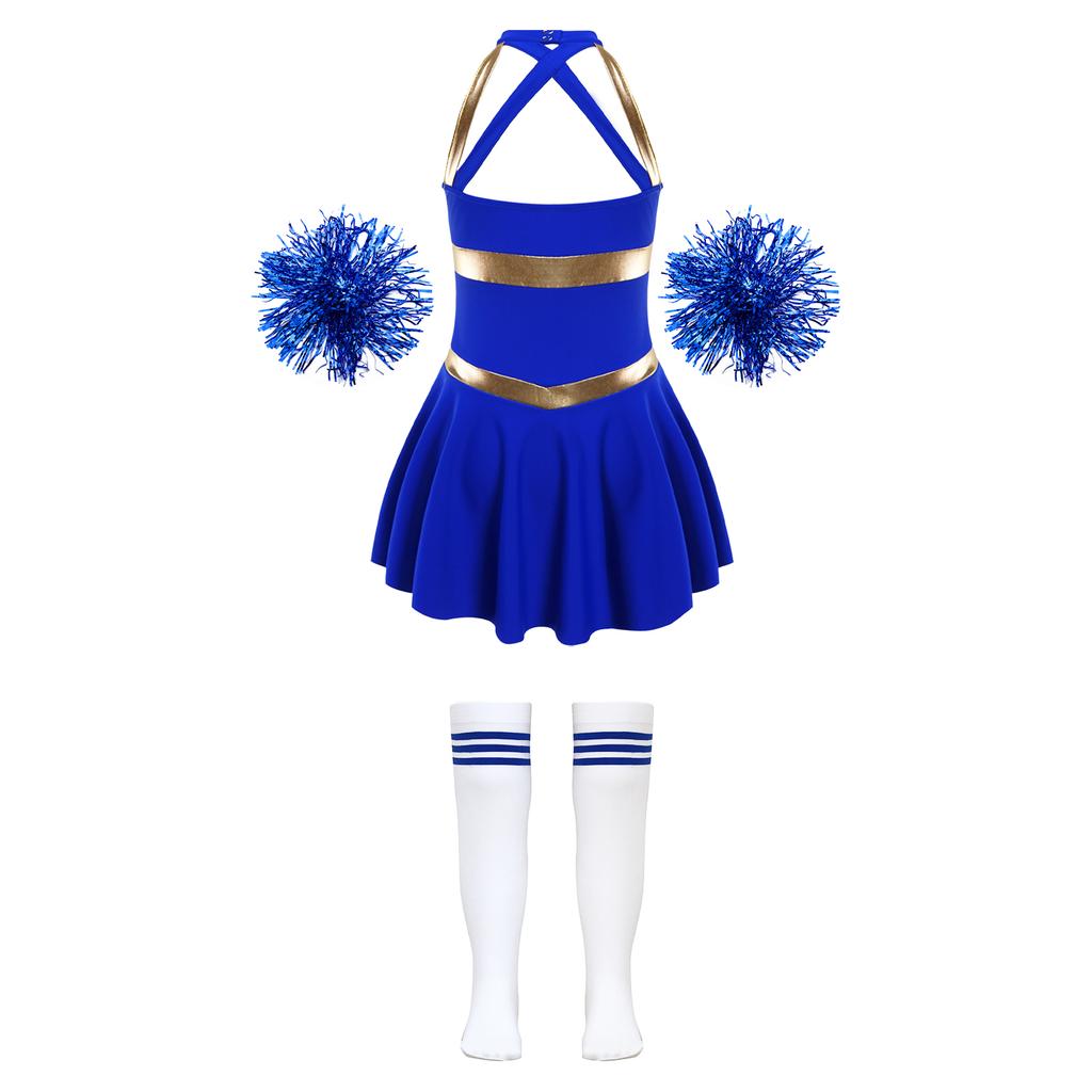 Girls Cheer Costume Sleeveless Crisscross Back Letter Print Patchwork Dress Pom Poms Striped Socks Set