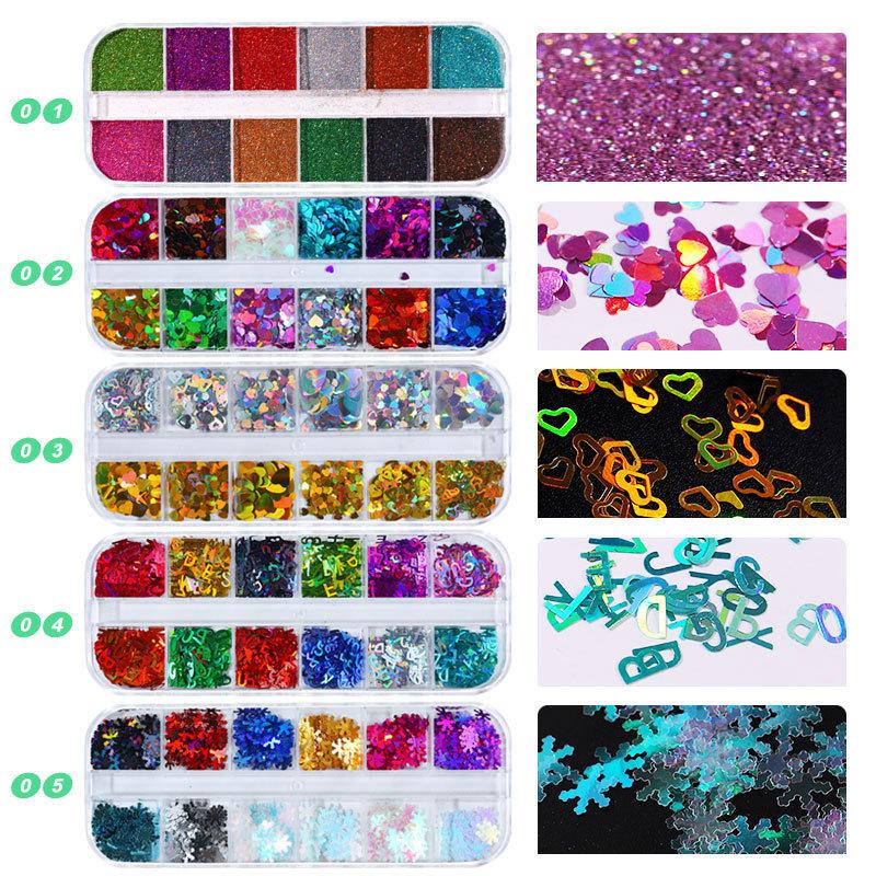 12 Colors/Set Nail Sticker Decor Sparkly Alphabet Small Laser Glitter Nail Sequin DIY Letter Nail Art Decorations Accessories