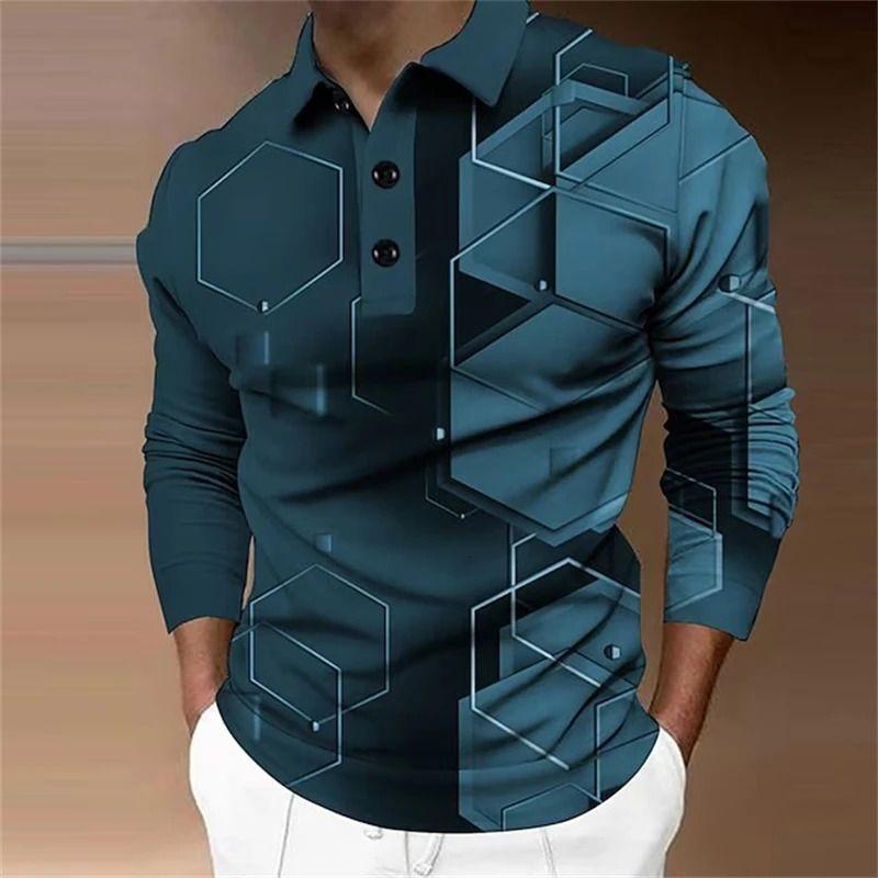 Men's 3D Printed Geometric Hexagonal Pattern Golf Shirt Long Sleeve Polo Shirt Business Casual Formal Button Collar AutumnWinter