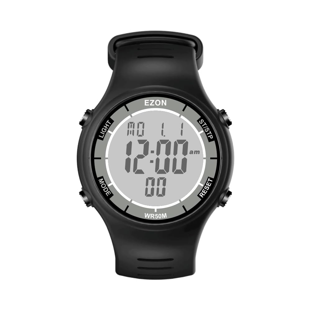 Ezon L008 Digital Sports Watch Black Waterproof Stopwatch Countdown Timer Chronograph with EL Backlight and Alarm