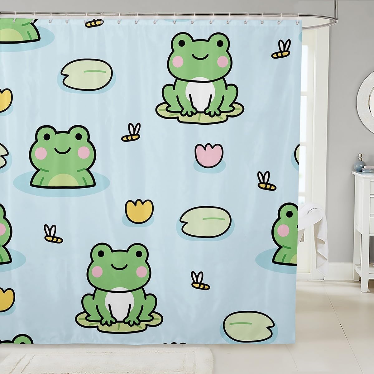 

Cute Frog Shower Curtain Cartoon Animal Lily Pad Design Kids Bathroom Decor Fun Pattern Bath Accessories Waterproof Fabric W60H190(CM)-1 Pcs