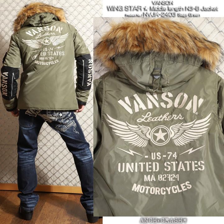 Jacket Wing Star Embroidery Sage Green XL [Vanson] Mid-length N3-B NVJK-2403