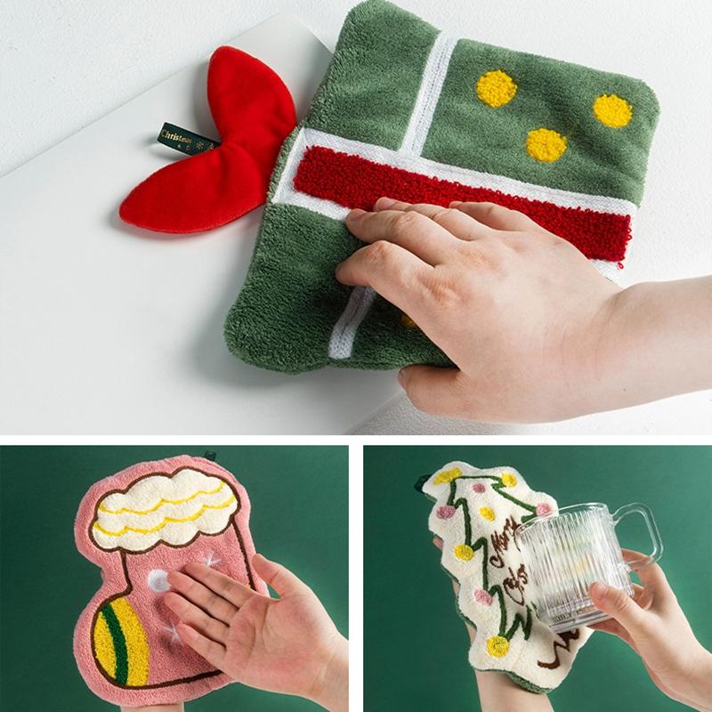 Coral velvet Christmas Hand towel for Kitchen Bathroom Handkerchief Cute Cleaning Towels with Hanging Rope Xmas Decor