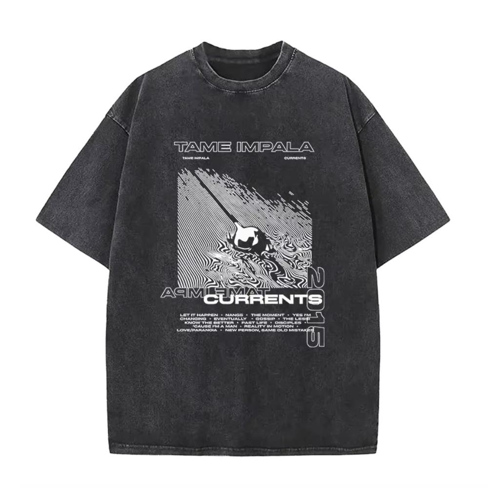 Tame Impala Tour Album Vintage Washed Tshirt Mens Hip Hop Gothic Tshirts Casual Oversized Short Sleeve T Shirt Streetwear