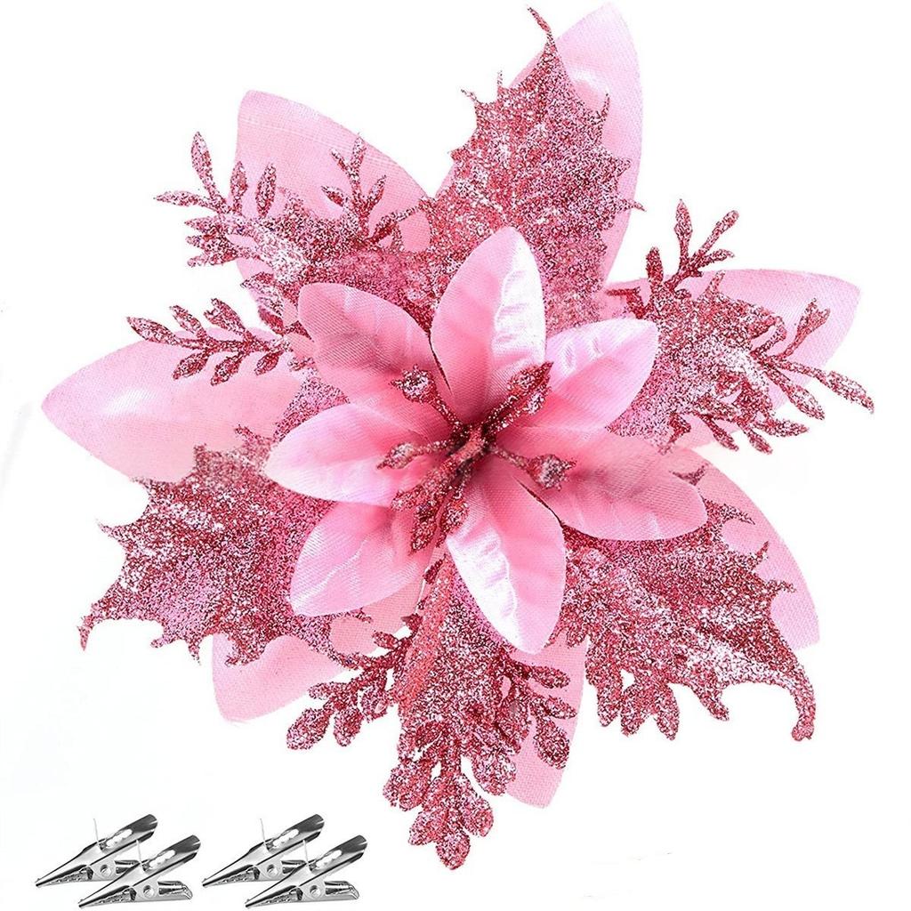 5/10pcs 14cm Glitter Artificial Flowers - Pink Red Gold Christmas Ornaments for Xmas Tree Home Decor