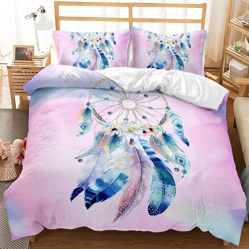 Dream Catcher Duvet Cover Set Purple Bedding Set Chic Boho Mandala Floral Feather Design Galaxy Comforter Cover Set Queen Size