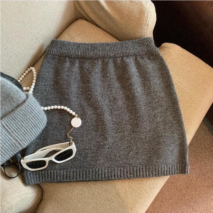 

Pure Desire Korean Thick Knit Midi Skirt - Autumn/Winter Retro Elastic High Waist, Petite A-line Bodycon for Women One Size серый