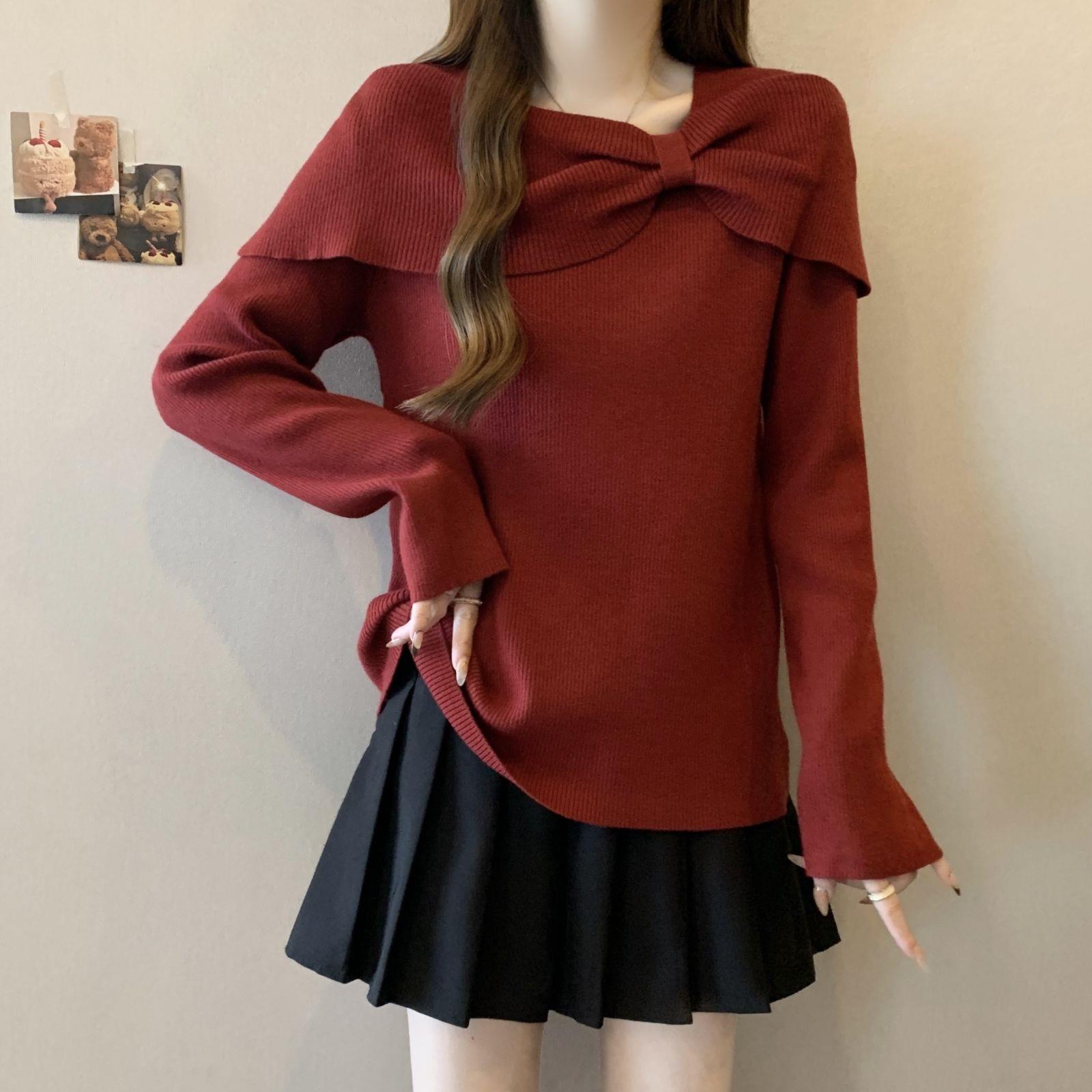 2025 Plus Size Bow Sweater Autumn French Square Neck Knit Top for Women L 100-120 jin красный 3100₽