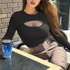 Women Bodysuit Sexy Hollow Slim Fit Long Sleeves Round Collar Solid Color Stretch Breathable Soft Autumn Ladies Female Leotard Top Womenswear