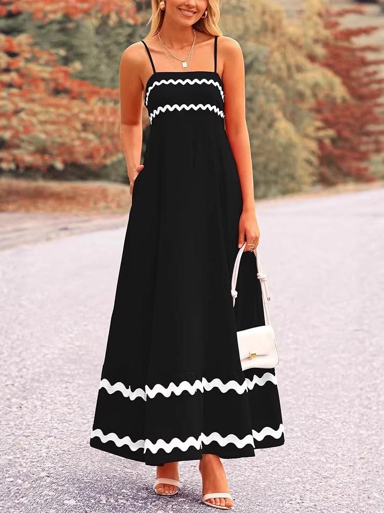 Damen Sommer Spitzen-Patchwork Spaghettiträger Maxikleid