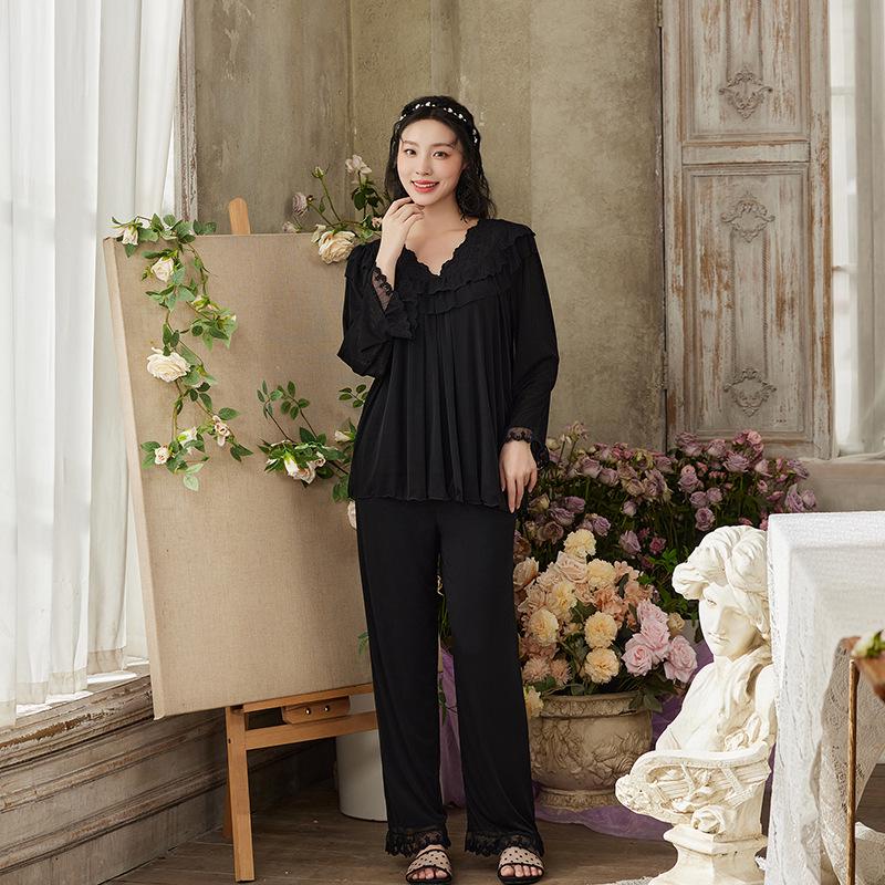 Retro Court Style Women's Nylon Mesh Home Wear Set (Long Sleeve Top and Pants)