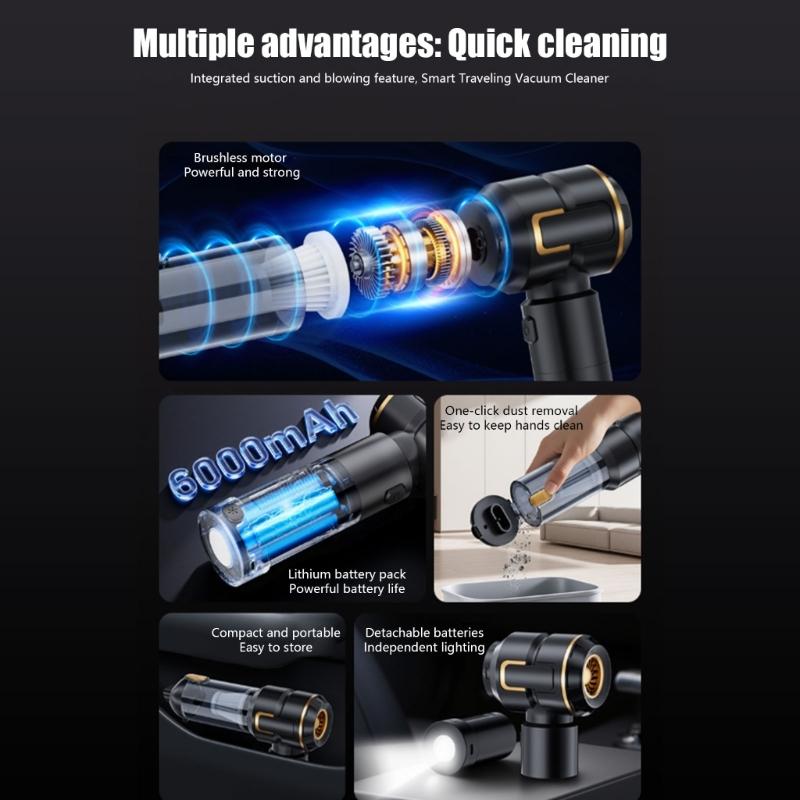 Detachable Car Vacuum Featuring LED Light Multifunction Design Including Suction Blower Inflator Sealer Function