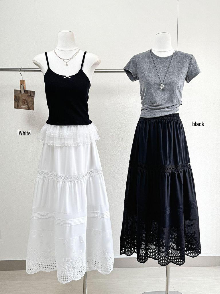 2026 Summer Elegant Women's A-line Skirt: Water-Soluble Lace, Crochet, Versatile Patchwork, Long, White
