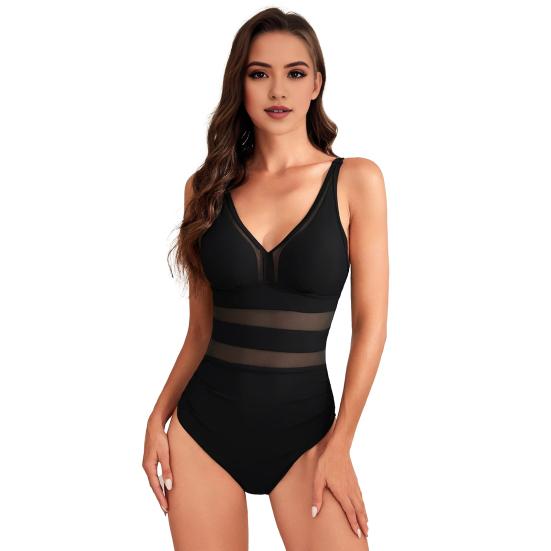 Women Sexy Monokini Deep V-neck Sleeveless One-Piece Swimsuit Hollow Mesh Splicing High Waist S-Shaped Swimwear