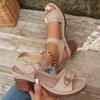 Fashion Round Head Metal Buckle Open Toe Heels Summer New Fashion Medium Heel Soft Sole Stitching Heels