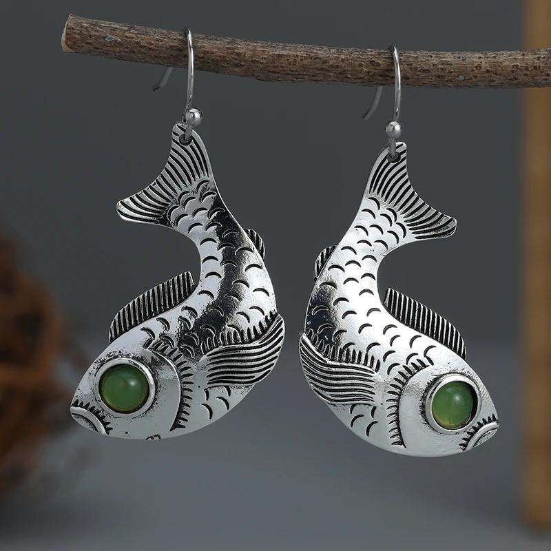 Charm Damen Luxus Fisch Tier Grüner Stein Tropfen Kupferfarbe Ohrringe Party Schmuck Geschenke