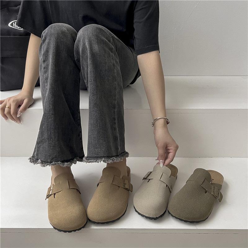 Poboken shoes women's outer wear 2025 spring and autumn new thick-soled leather cork bag head half slippers lazy boken slippers