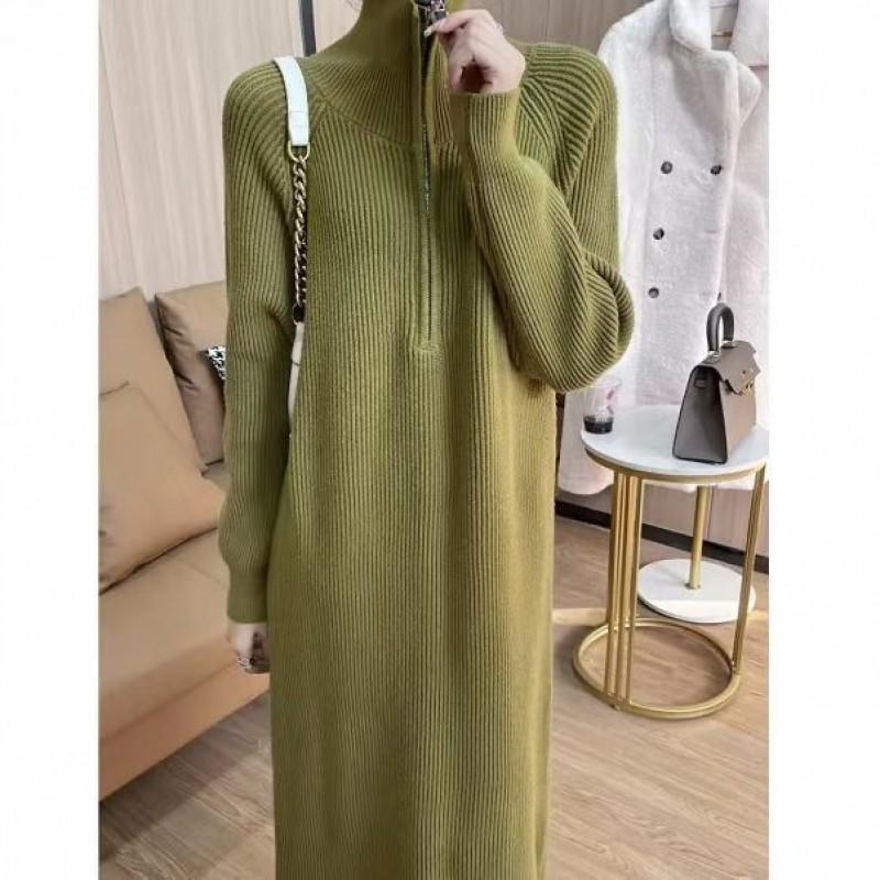 Womens Oversized Knit Midi Dress With Lapel Collar Long Sleeve Wool Blend A-Line Skirt Winter Layering