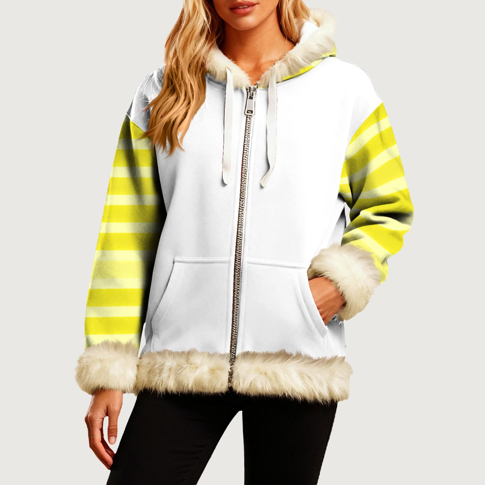 

Женская Удобная Свободная Модная Повседневная Толстовка-Куртка с Длинным Рукавом, Карманами и Капюшоном с Полосатым Принтом M белый