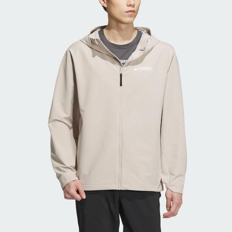Adidas Brushed Shell Jacket Solid Color Logo Outdoor Fleece Lined Hooded Soft Shell Jacket Men Jackets Light-Khaki IL9010