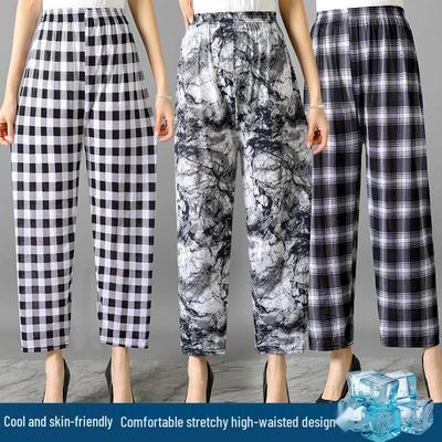Women's Plus Size Ice Silk Stretch Pants - Nine-Point Straight Leg, Loose High Waist, Cool Summer Casual Wear