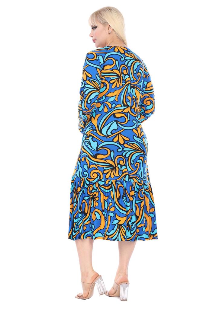 Women's Big Size Dress Square Neck Long Sleeve Turquoise Patterned Plus Size Midi Dress