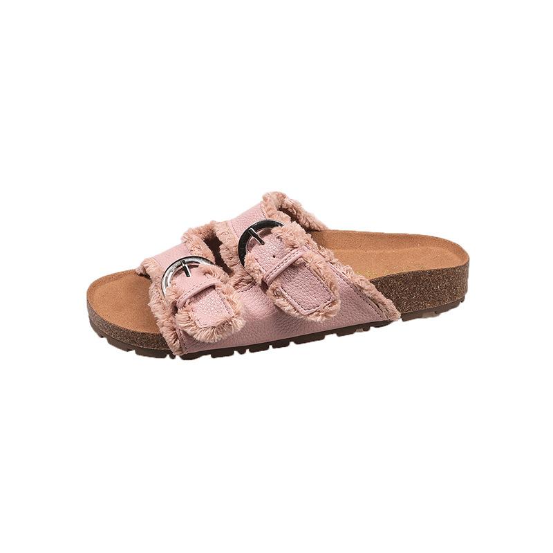 2025 Summer New Fashion Denim Belt Buckle Thick Sole Outer Wear Flat Beach Cool Slippers Women's Shoes