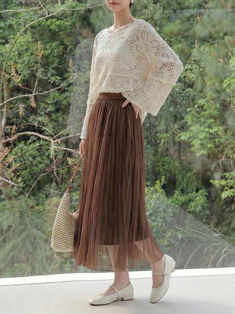 Feiyuan Women's Versatile Pleated Mesh Midi Skirt - Early Spring, Breathable, Large Hem, Commuter Style.