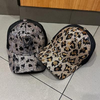 Cappellino da camionista leggero regolabile con paillettes leopardate alla moda, traspirante in rete, classico cappellino da baseball, protezione solare, cappellini da papà