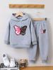 Completo Due Pezzi Felpa con Cappuccio Farfalla per Ragazze: Pullover di Velluto Cartone Animato Carino per Autunno e Inverno