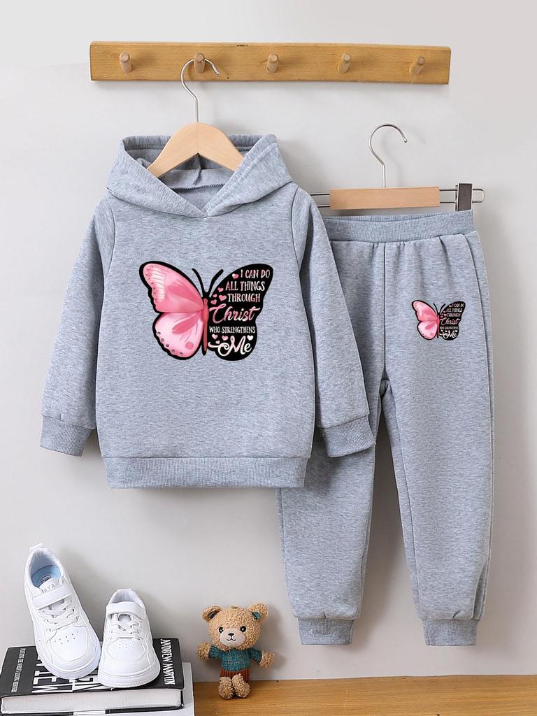 Completo Due Pezzi Felpa con Cappuccio Farfalla per Ragazze: Pullover di Velluto Cartone Animato Carino per Autunno e Inverno