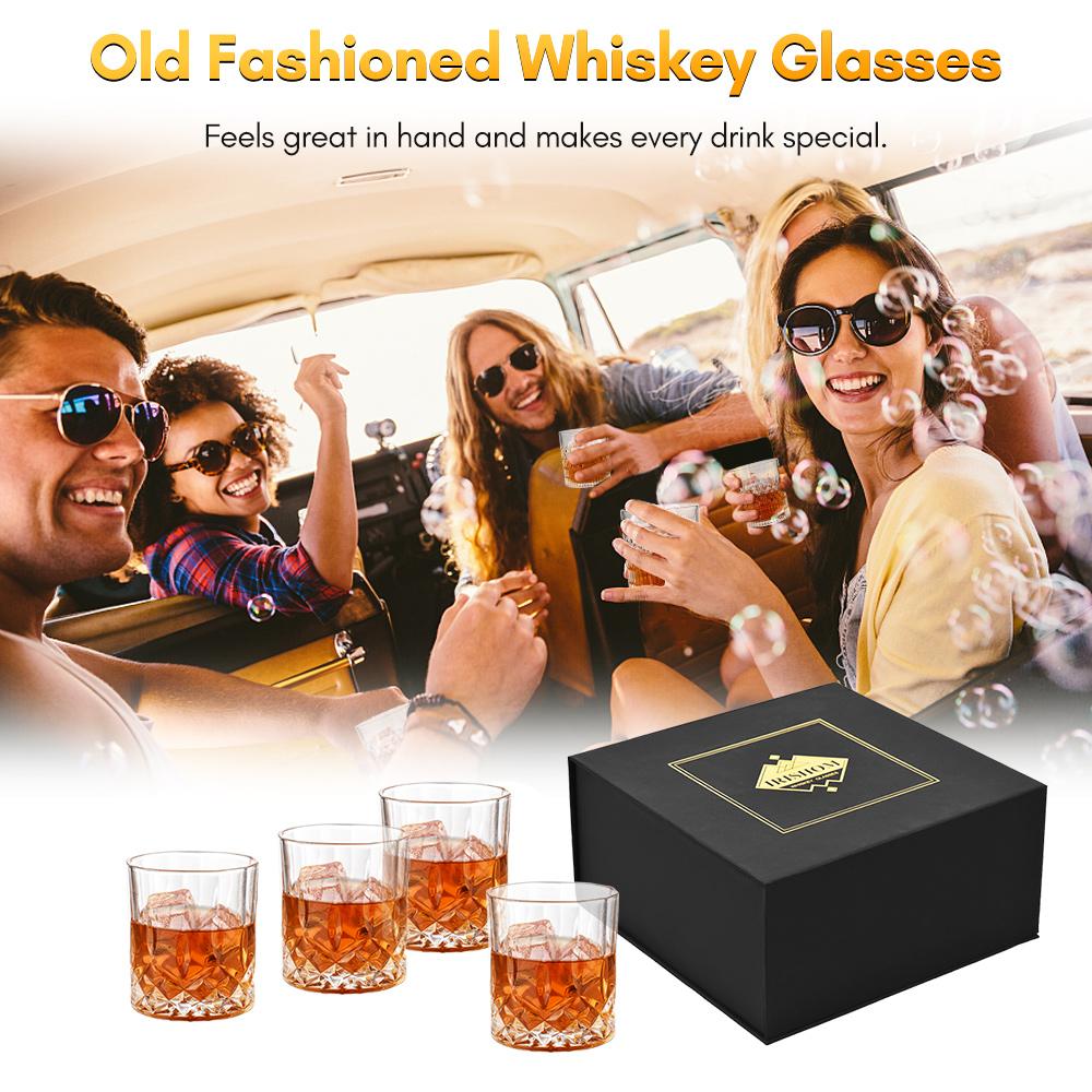 Aimo Transparent Whiskey Glasses Set Of 4, Old Fashioned Glasses 10Oz Crystal Glasses With Luxury Box For Scotch Bourbon Liquor Cocktail