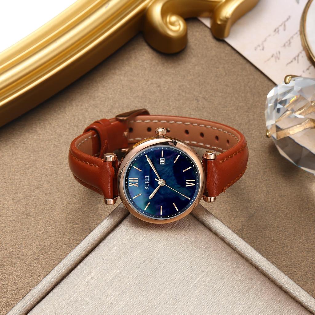 BUREI Women's Quartz Analog Watch with Leather Strap, Slim Fit, Stylish, Waterproof, Cute, Simple, and Lightweight. Perfect for Casual, Business,