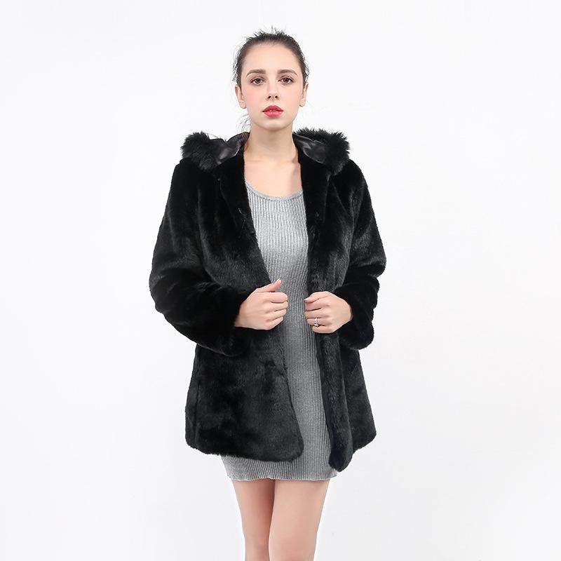 Women's Mid-Length Faux Mink Coat with Hood and Fox Fur Collar - Korean Style