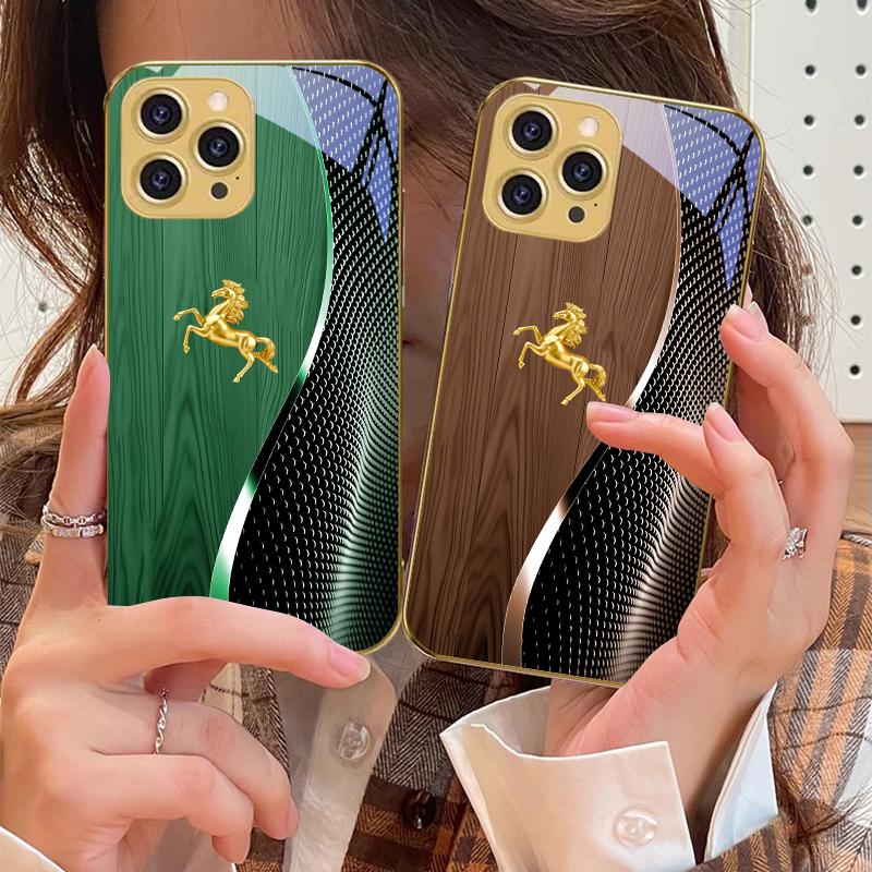 Holzmaserung Goldenes Pferd Für IPhone 16 Pro Max 15 Pro 14 13 Plus 12 Mini 11Pro Max XS Max XR Goldene gehärtete Glas Handyhülle
