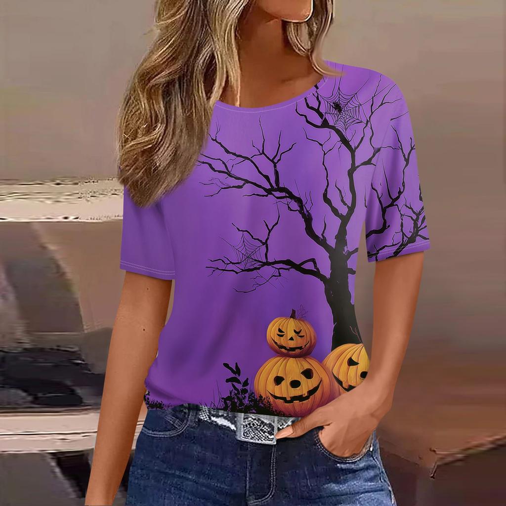 Womens Casual Short Sleeve Halloween Pullover Shirt Round Neck Bat Pumpkin Print Top Lightweight Comfortable Fit