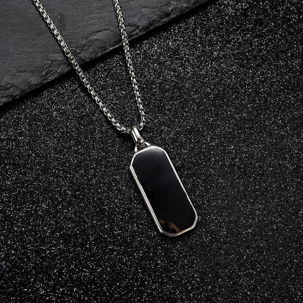 Colier cu pandantiv dreptunghiular geometric negru pentru bărbați - oțel inoxidabil, stil european și american