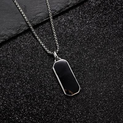 Men's Black Geometric Rectangular Pendant Necklace - Stainless Steel, European & American Style