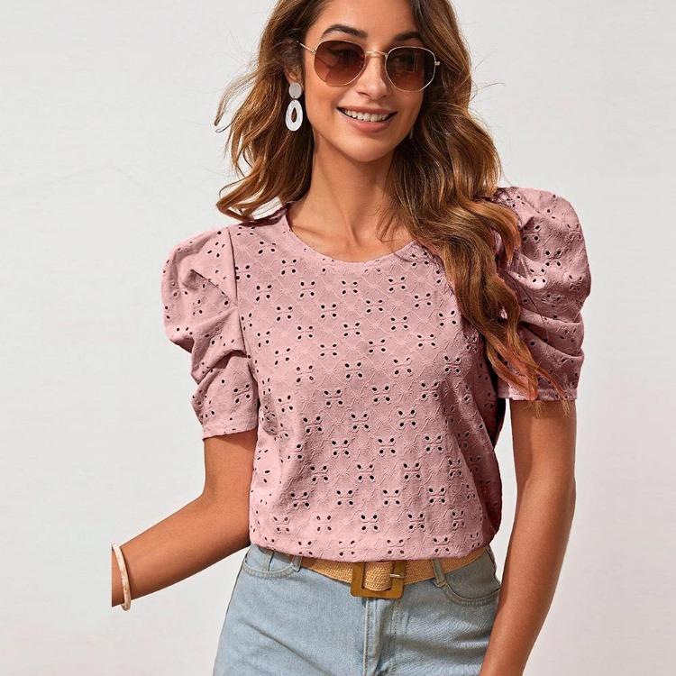 Dame Utkuttet Jacquard Bobleermet T-skjorte Ensfarvet Rund Hals Topp Bluse Vår Sommer Mote