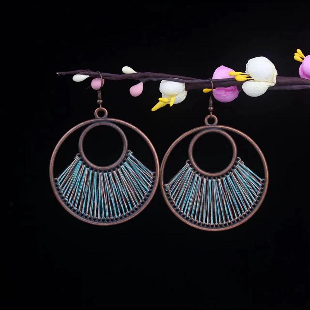 Bohemian Turquoise Owl Dream Catcher Tassel Earrings for Women