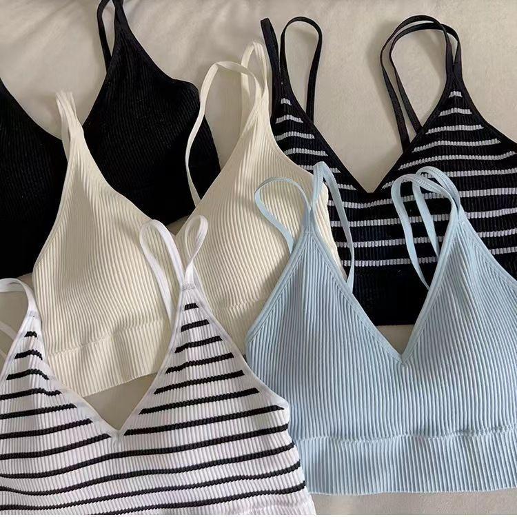 Camisole Bra One-Piece Padded Anti-Slip Versatile Student Solid Color Stripe Small Sling Camisole Underwear