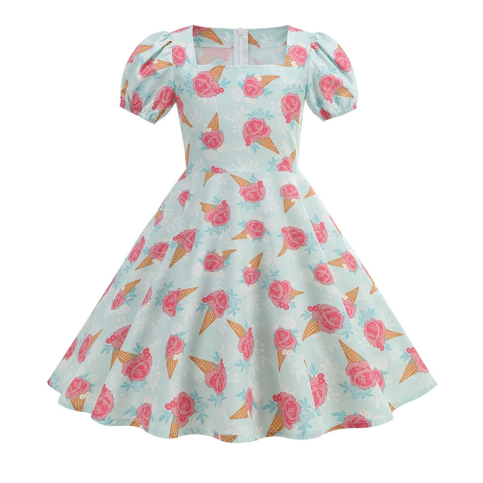 

Girls Short Sleeve Dress Fruit Print Fresh Elegant Princess Dress 130 шафрановый